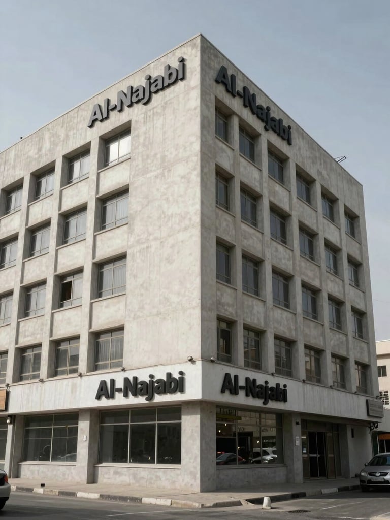 Exterior view of a commercial office building in Al-Najaf, Iraq — clean concrete facade with signage visible, daylight from overcast sky, street-level perspective showing the building's full height, no people