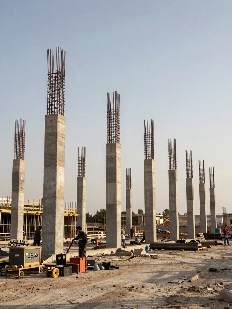 Wide environmental shot of an active construction site in Al-Najaf, Iraq — concrete columns rising against a pale daylight sky, steel reinforcement rods visible, workers' equipment in the foreground left, open site stretching to the right third of the frame