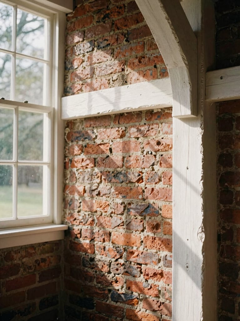 Close-up detail of hand-hewn white oak timbers and original 18th-century brickwork inside a sunlit historic home, soft natural window light, medium format film.