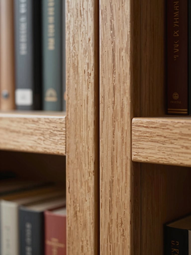 Extreme close-up of a walnut panel joint in a built-in library — the seam is nearly invisible, natural diffuse north-facing daylight, grain running vertically, no hardware visible, architectural framing