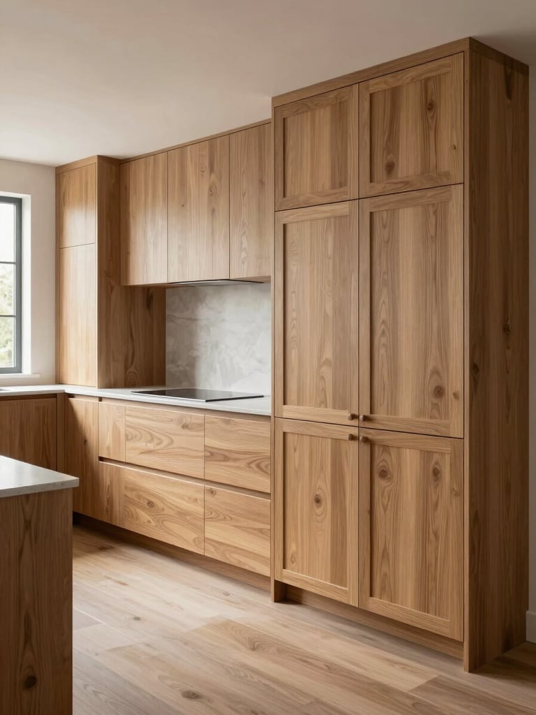 Wide environmental shot of a bespoke kitchen installation in an actual home — floor-to-ceiling oak cabinetry with flush reveals, cool north-facing daylight from a large window casting soft even light across the grain, no people, architectural framing showing how the joinery meets the ceiling and floor with zero filler