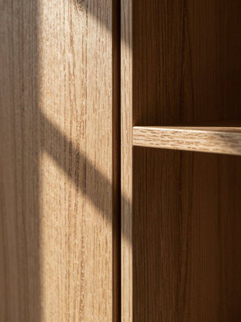 Extreme close-up of a flush panel-to-panel joint in smoked oak built-in shelving, shadow line razor-thin, natural north light raking across the grain, no people, architectural framing