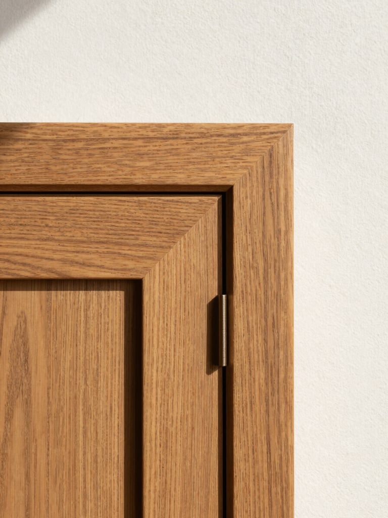 Extreme close-up of a bespoke oak cabinet door reveal, north-facing daylight raking across the grain, the hairline seam between panel and frame razor-sharp, warm wood tones against a linen-white wall — architectural framing, no people