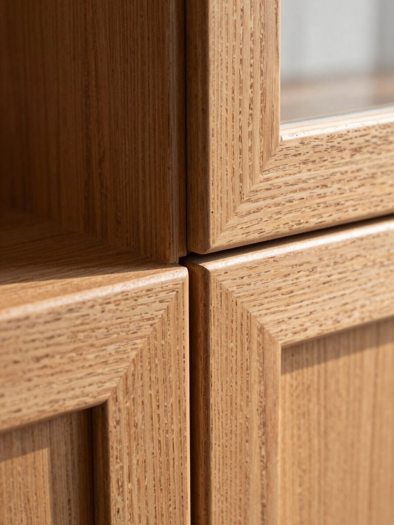 Extreme close-up of a cabinet door reveal joint in oiled oak, natural north window light raking across the grain, the seam between door and frame at sub-millimetre precision, no hardware visible