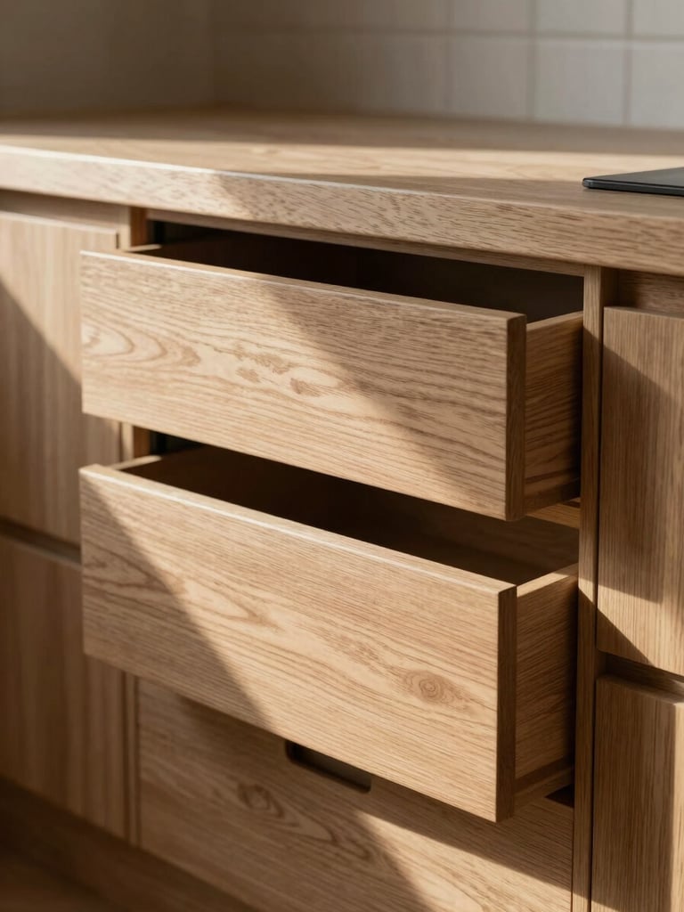 Close-up architectural view of a bespoke oak kitchen installation — drawer fronts flush to the wall, reveals at precise 2mm, natural north-facing daylight raking across the grain at a low angle, no people, no styling