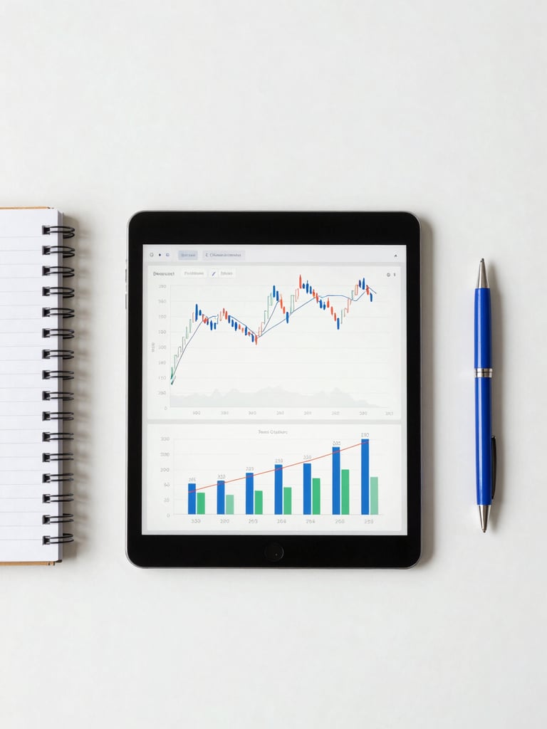 Overhead flat-lay of a professional workspace with a tablet showing financial charts, a notebook, and a clean blue pen, bright office lighting