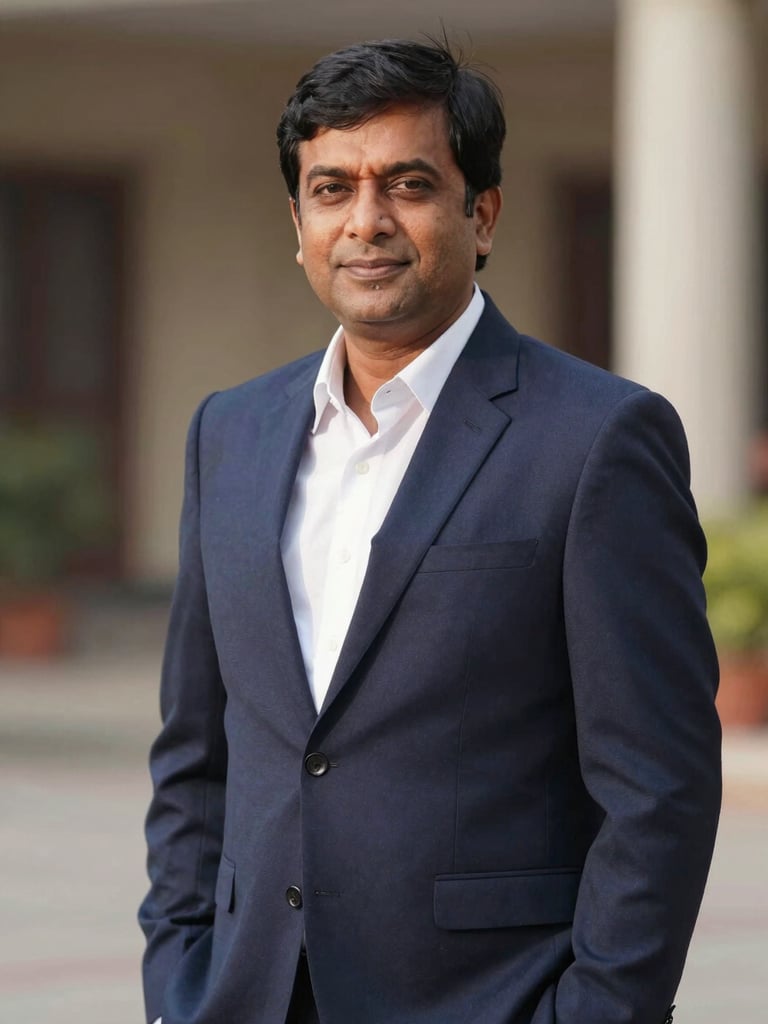 A professional editorial portrait of Mr. Sudhir Pandey, a real estate professional with over 10 years of experience, set against a soft-focus architectural background, dressed in a sharp navy suit, warm natural side lighting.
