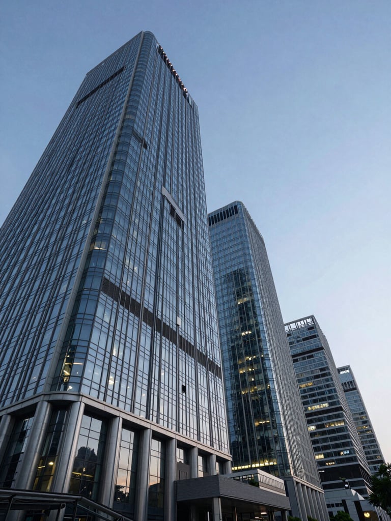 Low-angle architectural photograph of modern steel-and-glass corporate skyscrapers in Noida during the blue hour, sharp geometric lines reflecting ambient light with vast negative space.