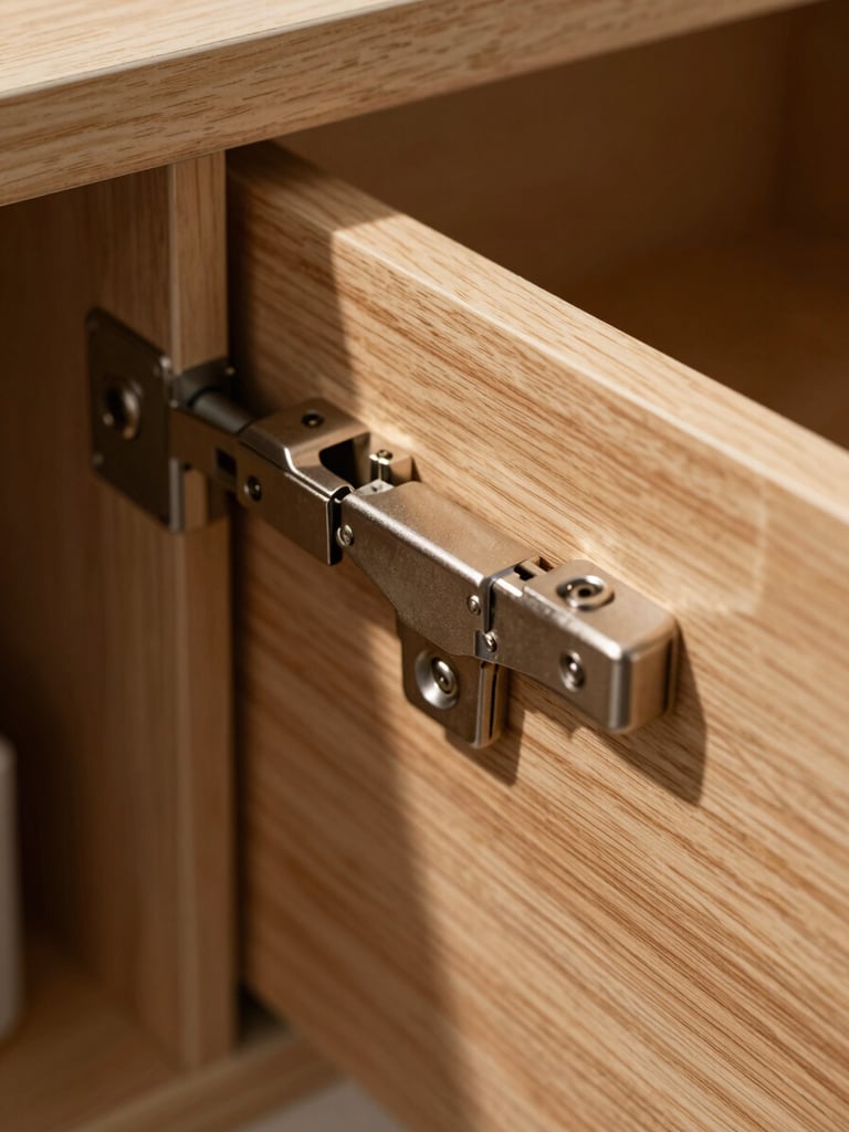 Extreme close-up of a soft-close drawer hinge mechanism inside a fitted cabinet, warm wood grain visible on the drawer face, natural daylight raking across the surface highlighting the precision of the metal fitting and wood edge