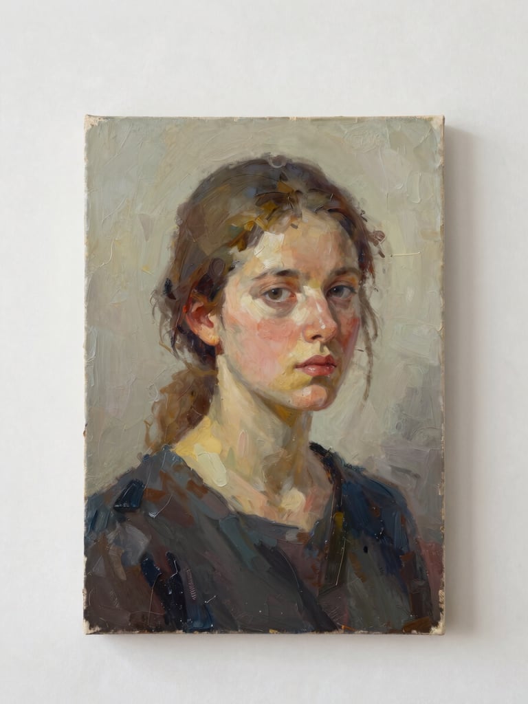 Close three-quarter view of a finished oil painting leaning against a white studio wall, straight-on documentation framing, daylight-balanced neutral light, surface texture and impasto visible, no hands or figure, pure white surround