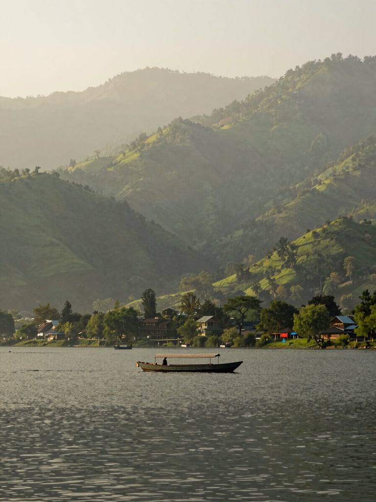 A peaceful view of Nainital lake surrounded by green hills, a traditional rowing boat on the water, soft morning daylight, misty mountain atmosphere
