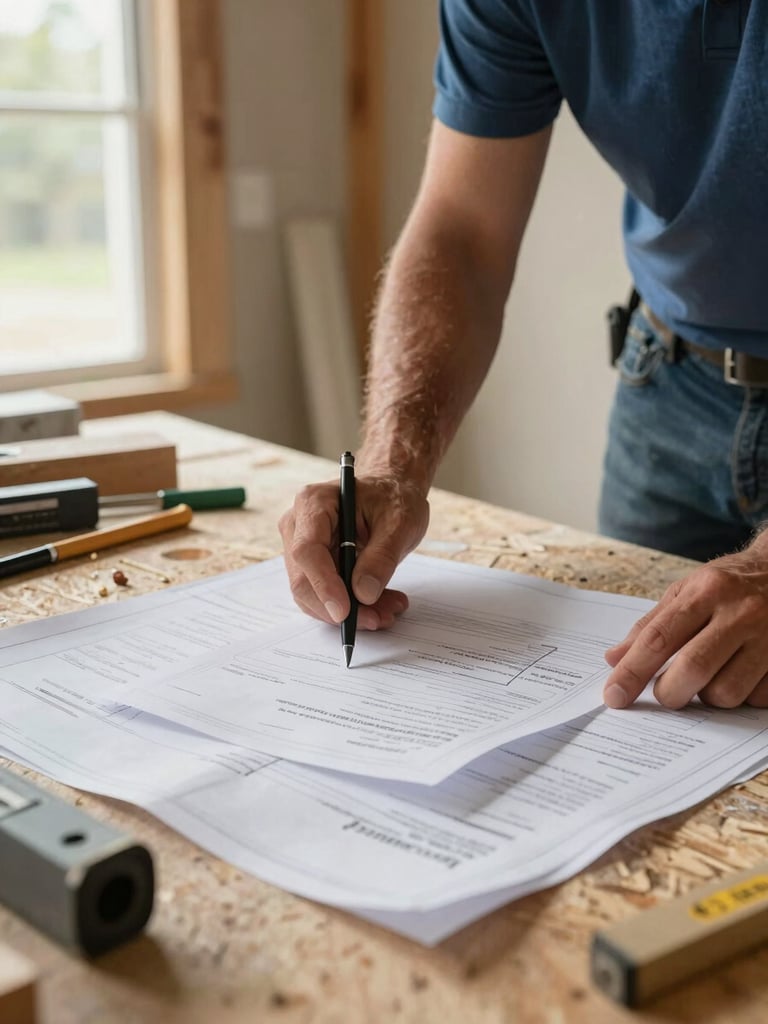 Vertical close-up of a contractor reviewing permit documents on a job site in an LA home, blueprints spread on a plywood workbench, natural window light from the left, construction materials visible in the background