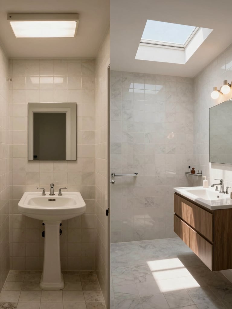 Split-frame before-and-after of a bathroom renovation in an Echo Park 1940s home — left half shows original dated tile and pedestal sink under flat fluorescent light, right half shows the completed renovation with large-format porcelain tile, wall-mounted vanity, and warm daylight from a new skylight