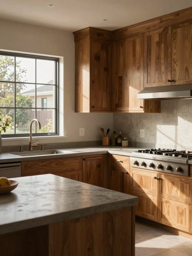 Wide-angle interior of a finished kitchen remodel in an LA craftsman home — warm wood cabinetry, concrete countertops, and brushed-metal fixtures under morning daylight streaming from a side window, architectural detail visible in the upper cabinets