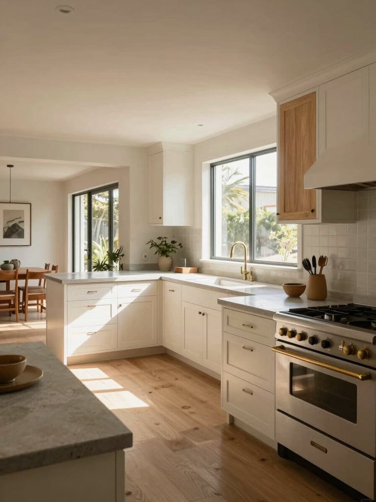 Wide-angle interior of a fully renovated open-plan kitchen in a Los Feliz craftsman home, warm morning daylight pouring through large windows, white oak cabinetry, concrete countertops, brushed brass fixtures visible in foreground, framed left with generous room depth behind