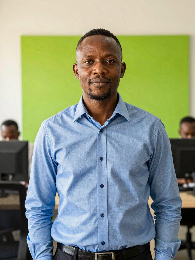 Authentic portrait of a professional Batswana man in a modern Gaborone work environment, warm editorial photography, bright natural daylight, clean corporate blue and green tones, shallow depth of field, 35mm