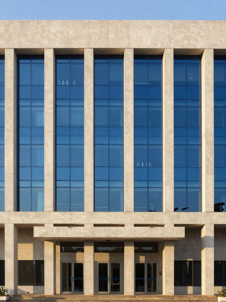 Architectural view of a modern public institution building in N'Djamena, clean concrete and glass facade, warm late afternoon sun, professional corporate atmosphere.