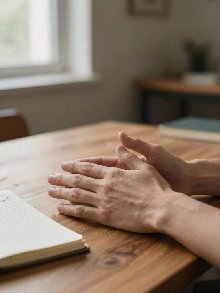 Close view of a person's hands resting open on a wooden table, natural window light falling softly from the left, a notebook with handwritten notes partially visible at the edge, quiet interior background slightly out of focus — moment of reflection before action