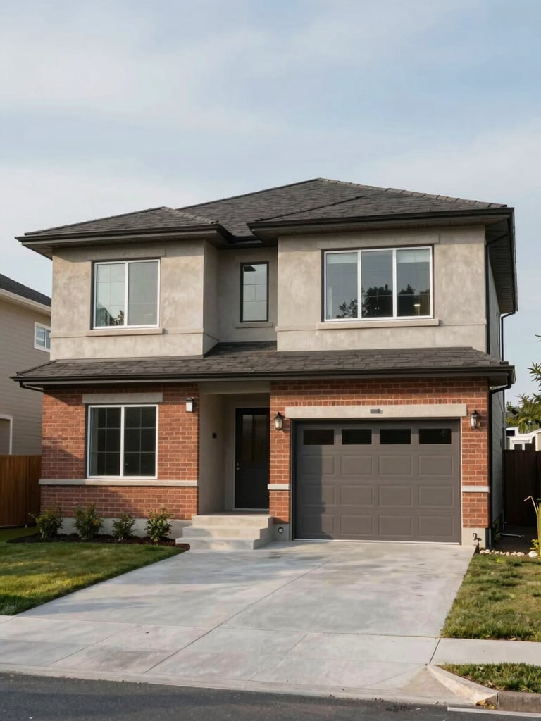 Completed two-story residential exterior in natural morning light, clean concrete and brick facade, driveway in foreground, overcast sky, no people