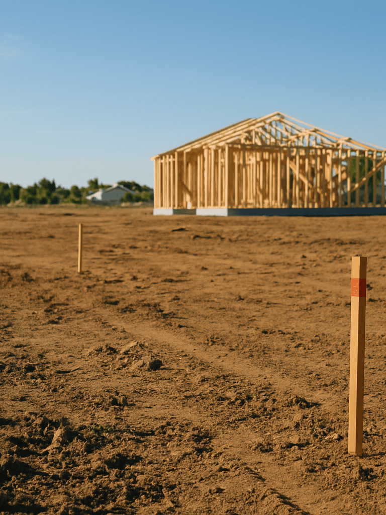 Wide daylight photograph of a cleared residential land plot with survey stakes visible in the foreground, a partially framed structure in the mid-ground, and open sky above—morning light, no people, grounded documentary framing