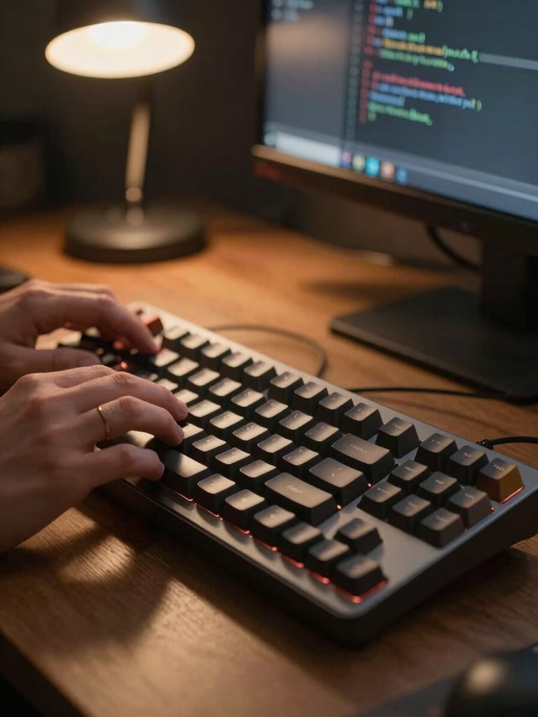 Close-up of hands on a mechanical keyboard in a dimly lit home office, a single desk lamp casting warm amber light across the keys, a code editor glowing on a monitor in the soft background — natural work-in-progress framing, no posed elements