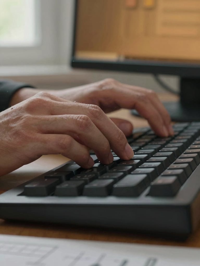 Close-up of hands on a mechanical keyboard, fingers mid-keystroke, a secondary monitor reflecting amber light in the background, natural daylight from a window to the left, shallow depth of field, a printed technical diagram partially visible at the bottom edge of the frame
