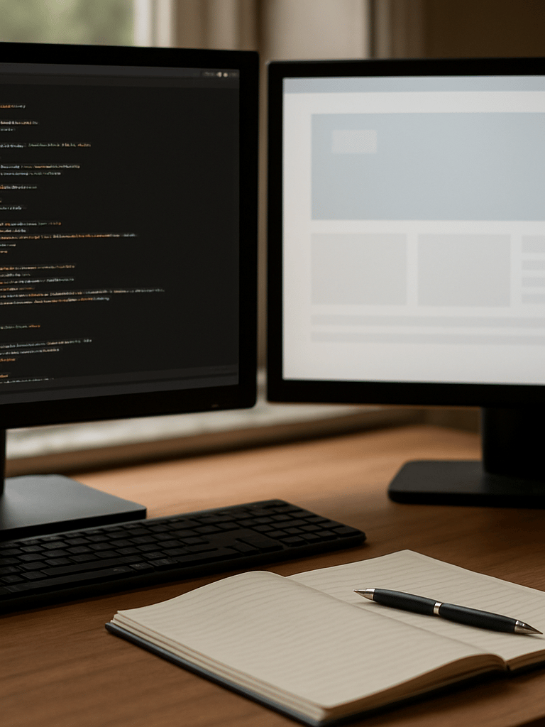 Close-up wide shot of a developer's dual-monitor workspace under natural window light, left monitor showing lines of code, right monitor showing a client website layout, a notebook and pen resting at the lower edge of frame — no faces, no studio lighting