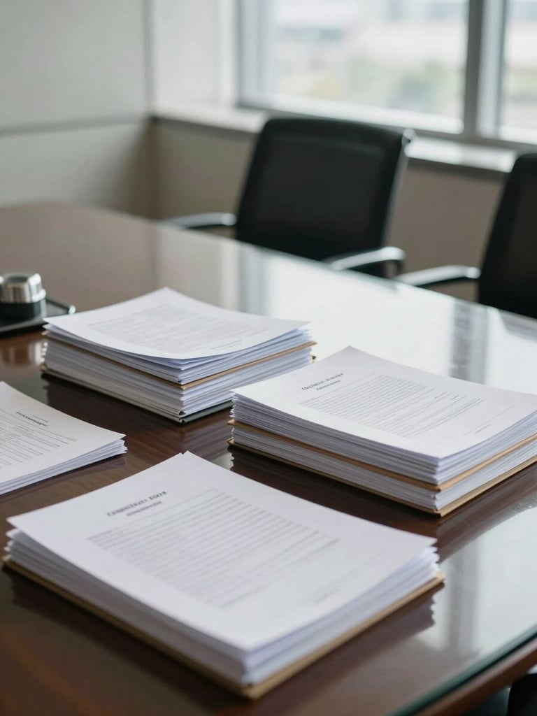 A clean, bright corporate boardroom in Jakarta with a glass table, stacked legal documentation folders, daylight filtering through windows.