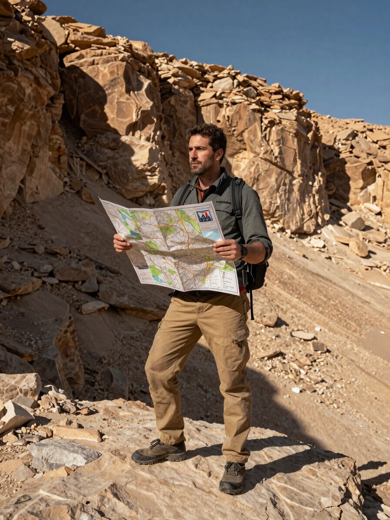 A high-contrast vertical portrait of a rugged outdoor instructor standing on a limestone cliff in the Negev desert, holding a topographic map, harsh midday sun, deep geological shadows.