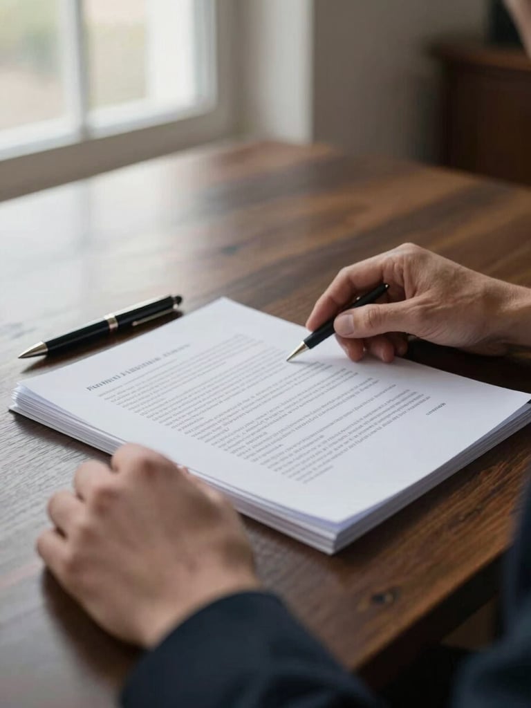 Close-up of hands resting on an open legal document on a dark wooden desk, natural window light from the left, pen resting beside the papers, calm and deliberate