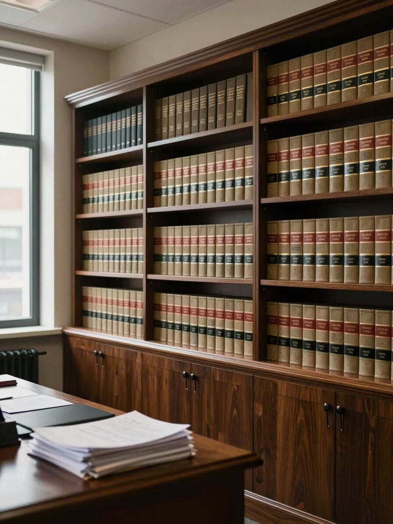 Wide environmental shot of a law office interior — dark wooden bookshelves lined with legal volumes, a cleared desk with stacked case files under natural window light from the left, no people visible, institutional calm