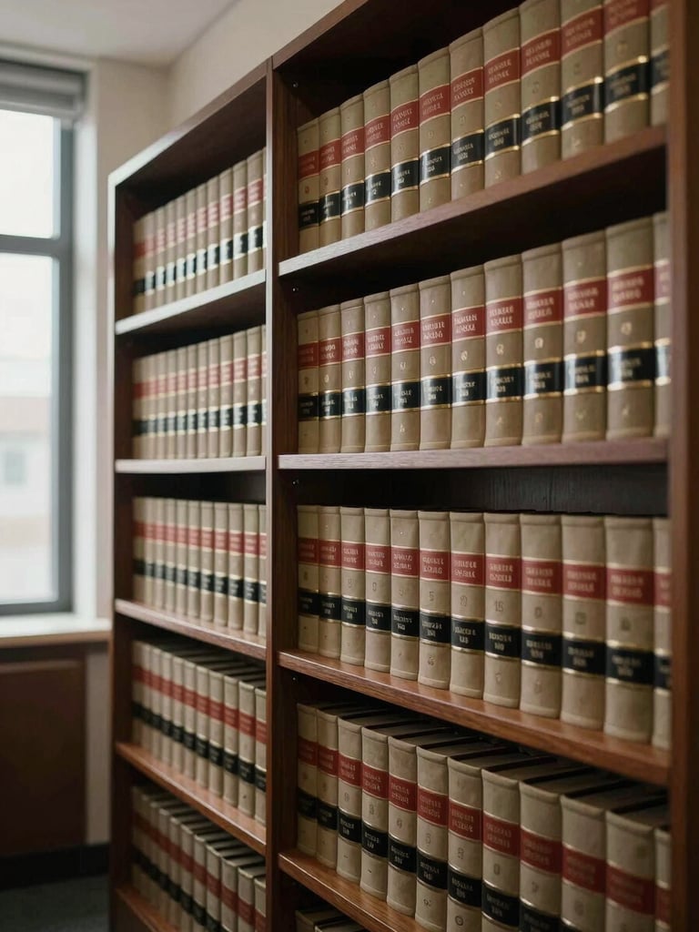 Wide interior shot of a law office bookshelf, rows of legal volumes in dark bindings, natural daylight from a window to the left, organized and still, no people