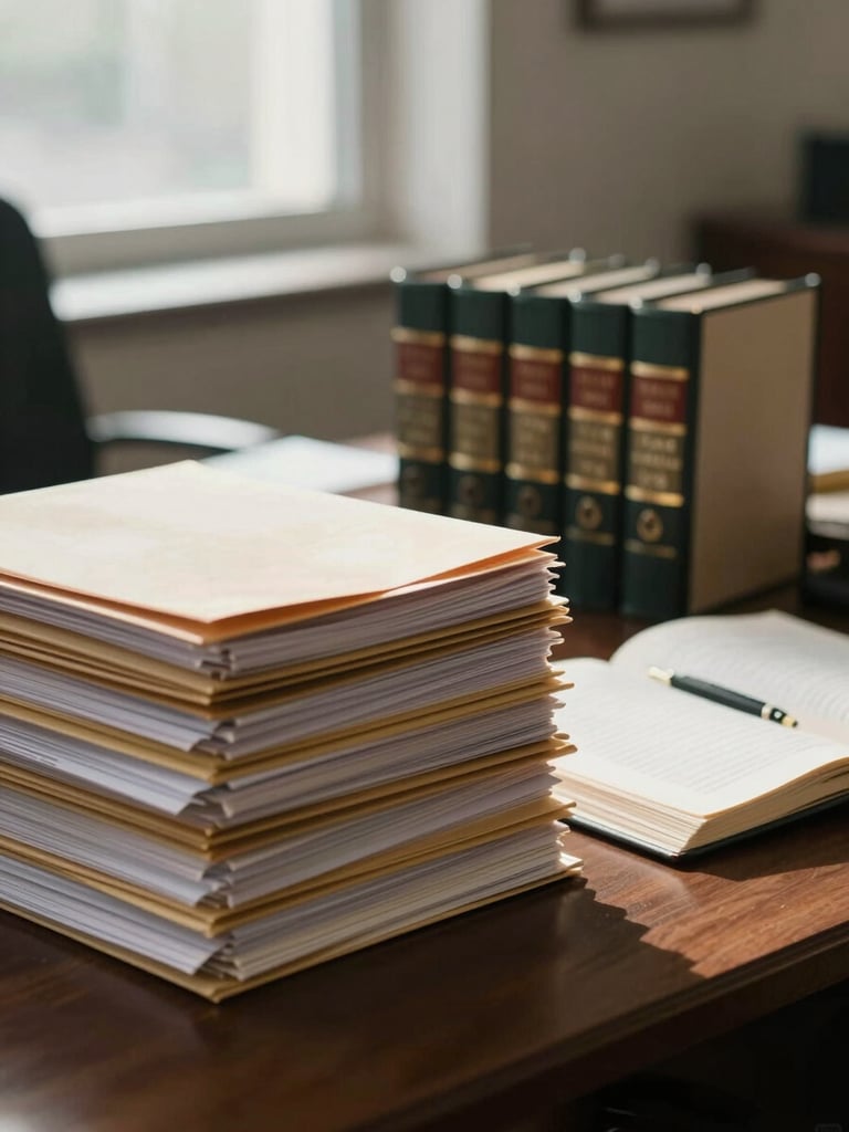 Close view of an organized legal office desk, stacked case folders and open law volumes under cool natural window light, no people visible, architectural stillness