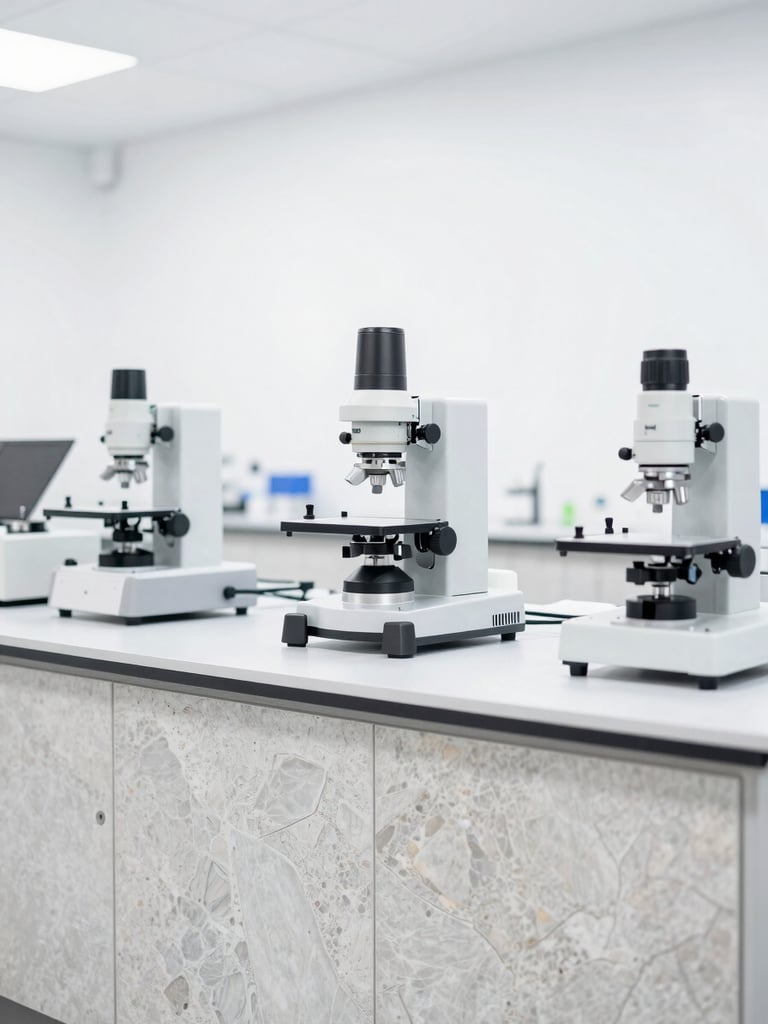 A clean laboratory setting with specialized testing equipment for construction chemicals, bright overcast daylight, high-contrast minimal industrial style