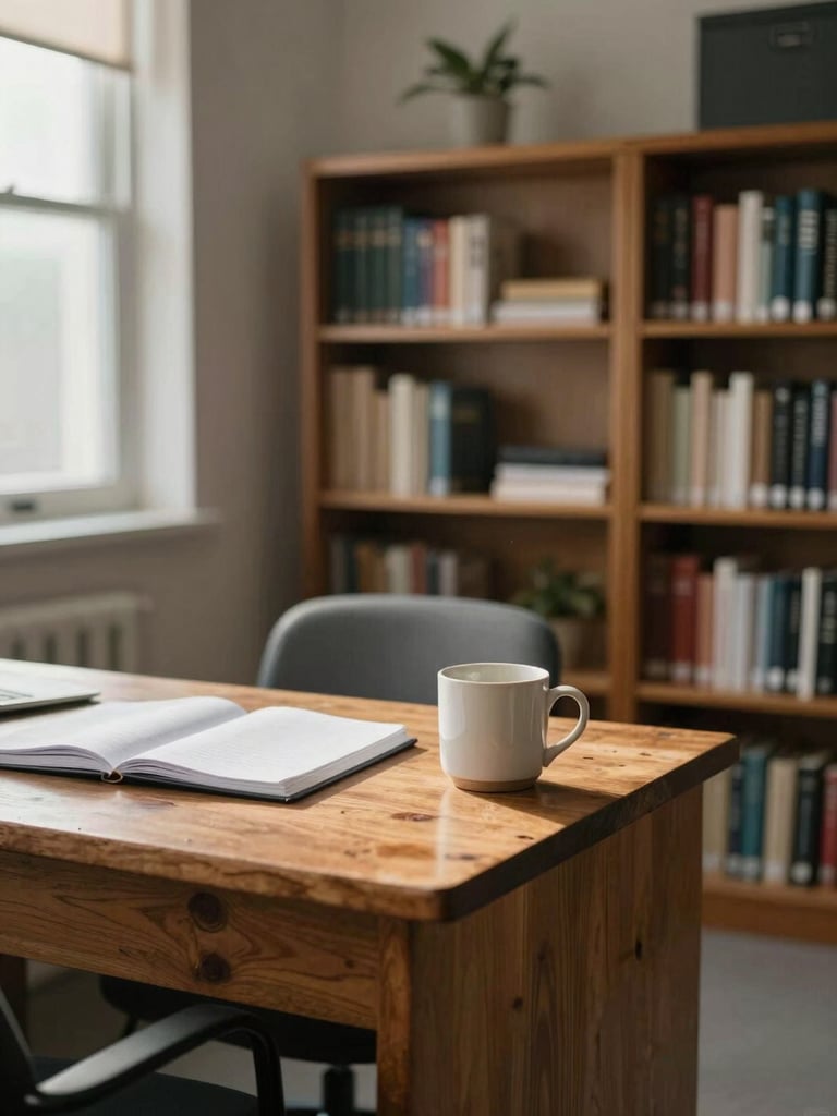 Wide environmental shot of a quiet therapy office interior, a worn wooden desk and two chairs visible in the left third, natural north-facing daylight falling across a closed notebook and ceramic mug, bookshelves with clinical and literary spines softly out of focus in the background, unhurried and held