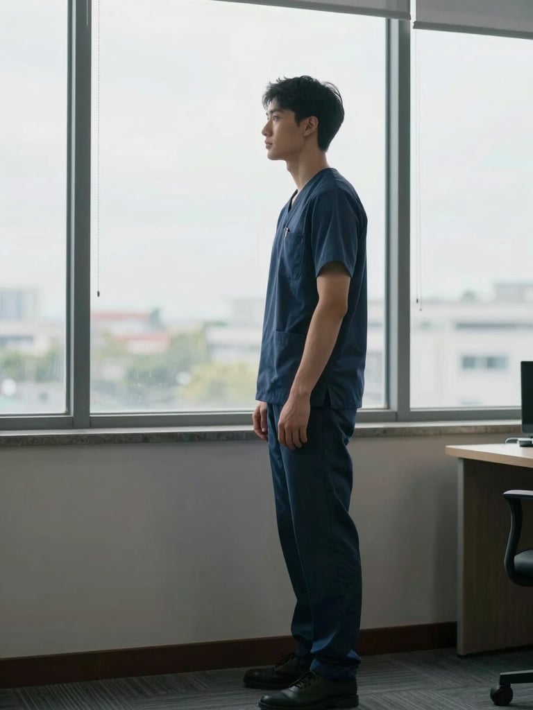 Full-length side-angle shot of a therapist standing at a window in a calm office, natural overcast daylight, hands loosely at sides, looking toward the light — not posed, not smiling at camera
