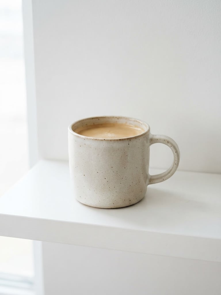 A single beautifully crafted ceramic mug sitting on a pristine white shelf, soft diffused window light, minimalist Swiss aesthetic.