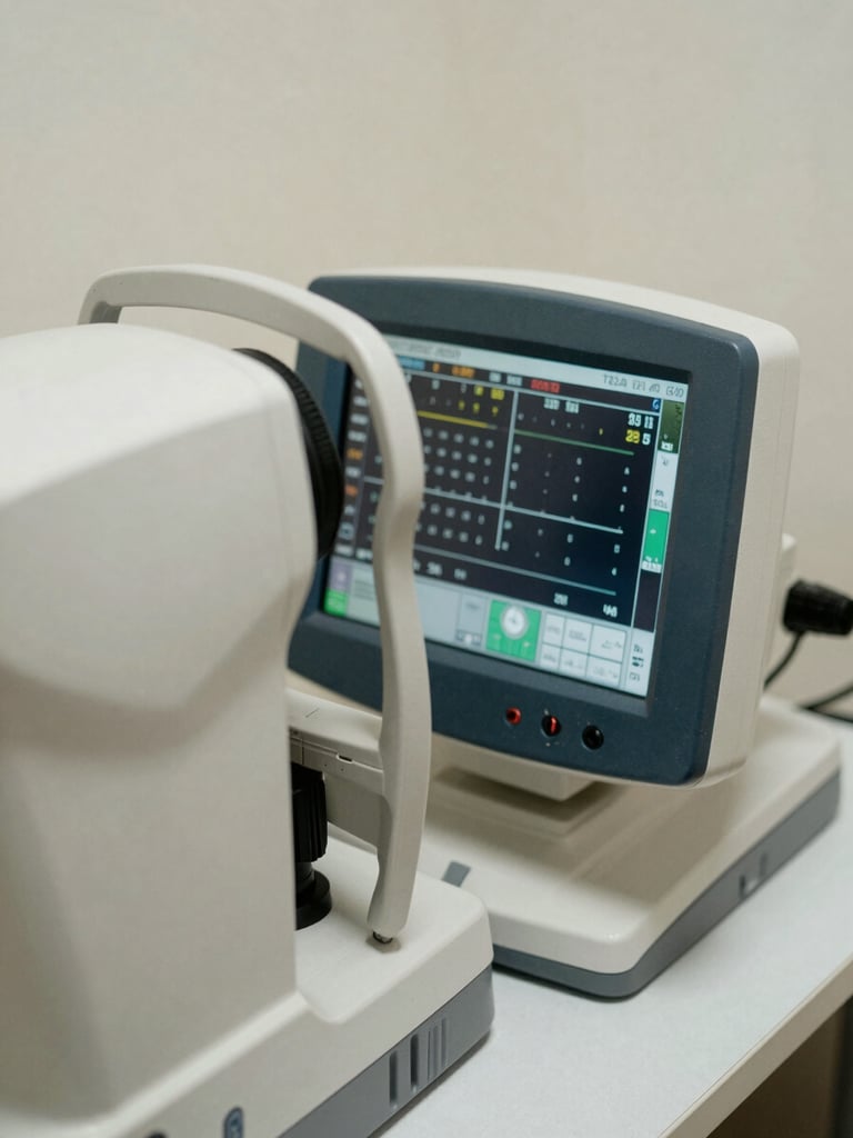 Close-up overhead flat-lay of autorefractometer measurement display screen showing numerical refractive values, soft north-facing studio light, white clinical surface, no people, precision data readout visible