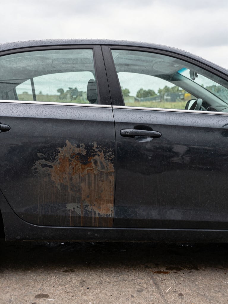 Wide split-view of a dark sedan, left half showing a dusty oxidized paint surface with grime along the door panel, right half showing the same panel after detailing — deep clean gloss under consistent overcast daylight, water beading visible, shot from a level side angle