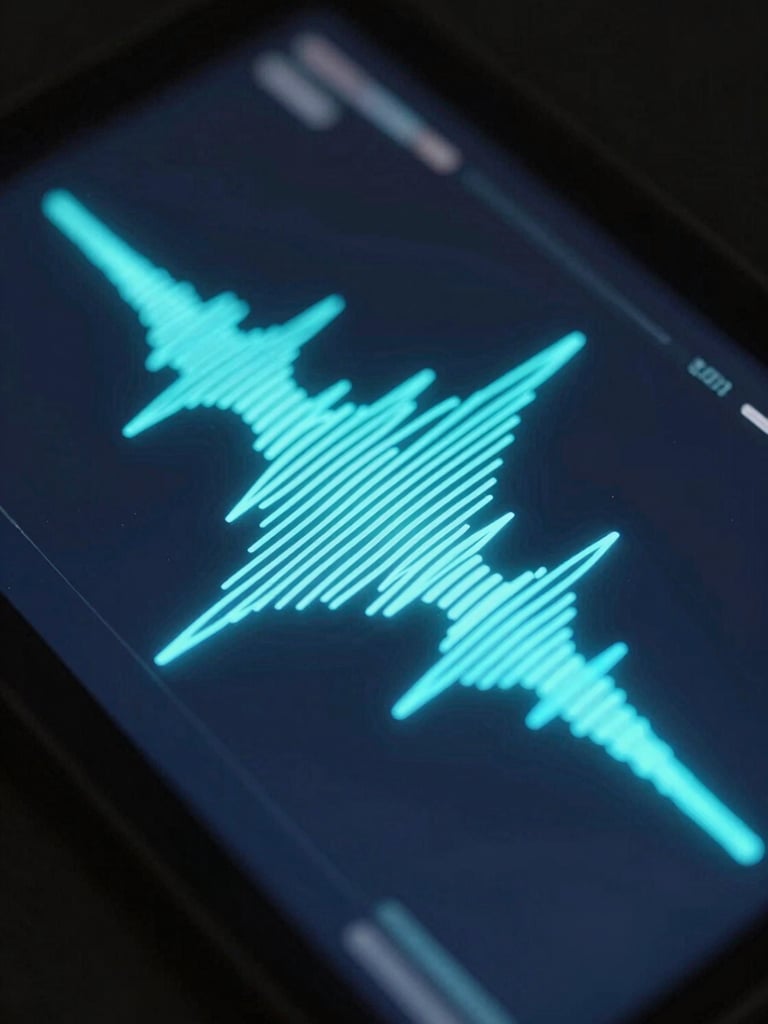 Macro shot of a glowing cyan soundwave interface, dark ambient background, self-illuminating UI elements, sharp details.