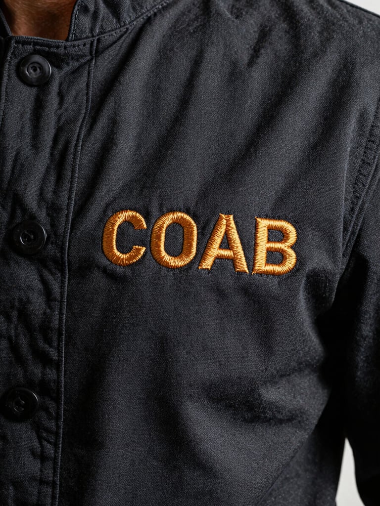 Close-up of high-density brand embroidery on the chest of a dark chef jacket, sharp details of the tight stitching
