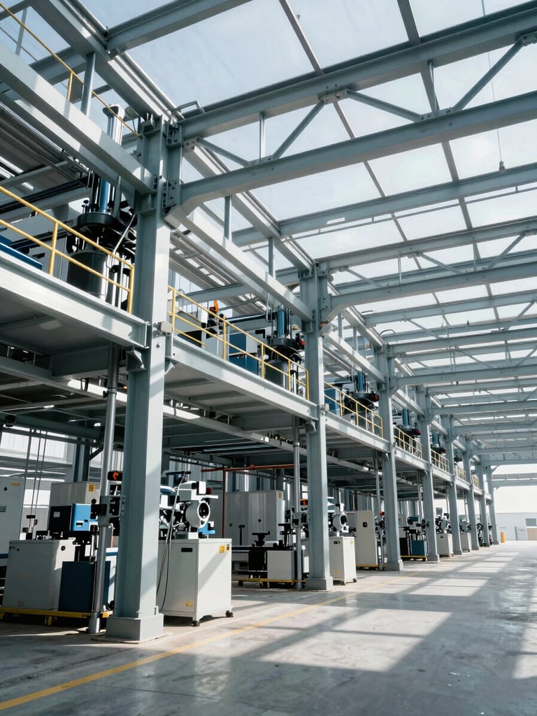 Wide-angle view of a modern automated logistics terminal, cool daylight filtering through steel structures, clean geometric lines, high-contrast industrial composition.