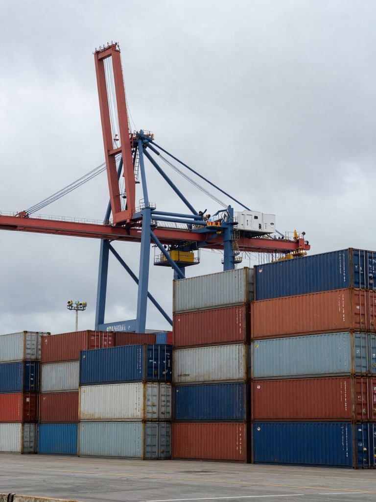 Crisp overcast maritime daylight shot of cargo containers stacked at the Port of Dakar, industrial crane in the background