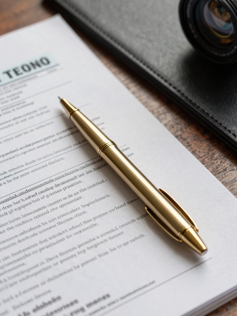 Close-up of structured corporate tax documents and a gold pen resting on a dark leather desk blotter, soft warm side lighting.
