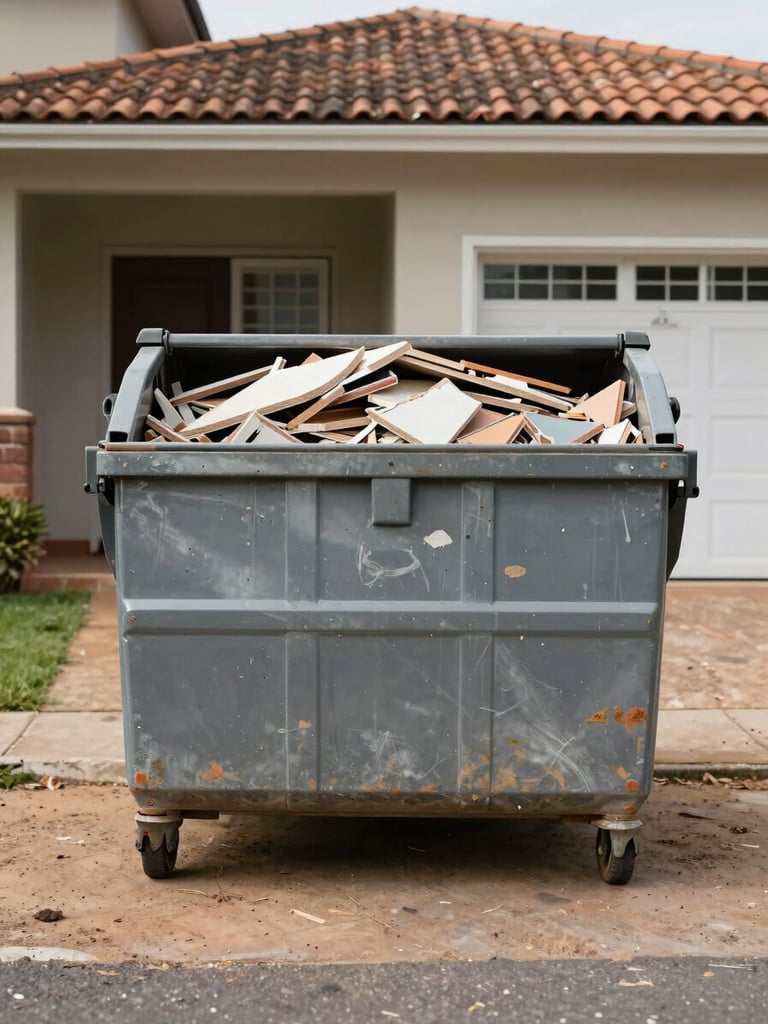 Wide environmental shot, a compact 3 m³ steel dumpster bin filled with broken tiles and renovation rubble, placed on a residential driveway next to a modest house in Rio Grande do Sul, daylight flat lighting, documentary style showing dirt and wear on the bin's painted surface, straight-on framing with the house facade visible in the background