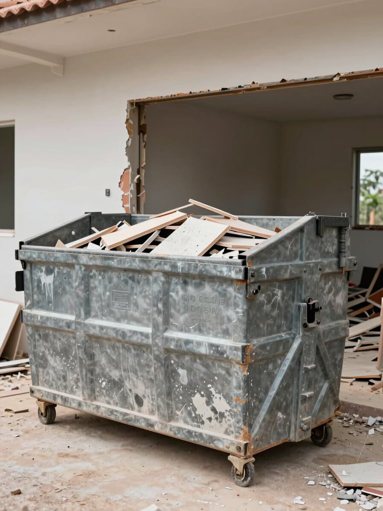 Wide environmental shot, daylight, flat documentary light — a fully loaded 4–5 m³ metal dumpster bin sitting at the edge of a mid-size renovation site in Rio Grande do Sul, broken tiles and concrete rubble visible inside the bin, a partially demolished interior wall behind it, worn bin sides with capacity markings legible, no people, no branding