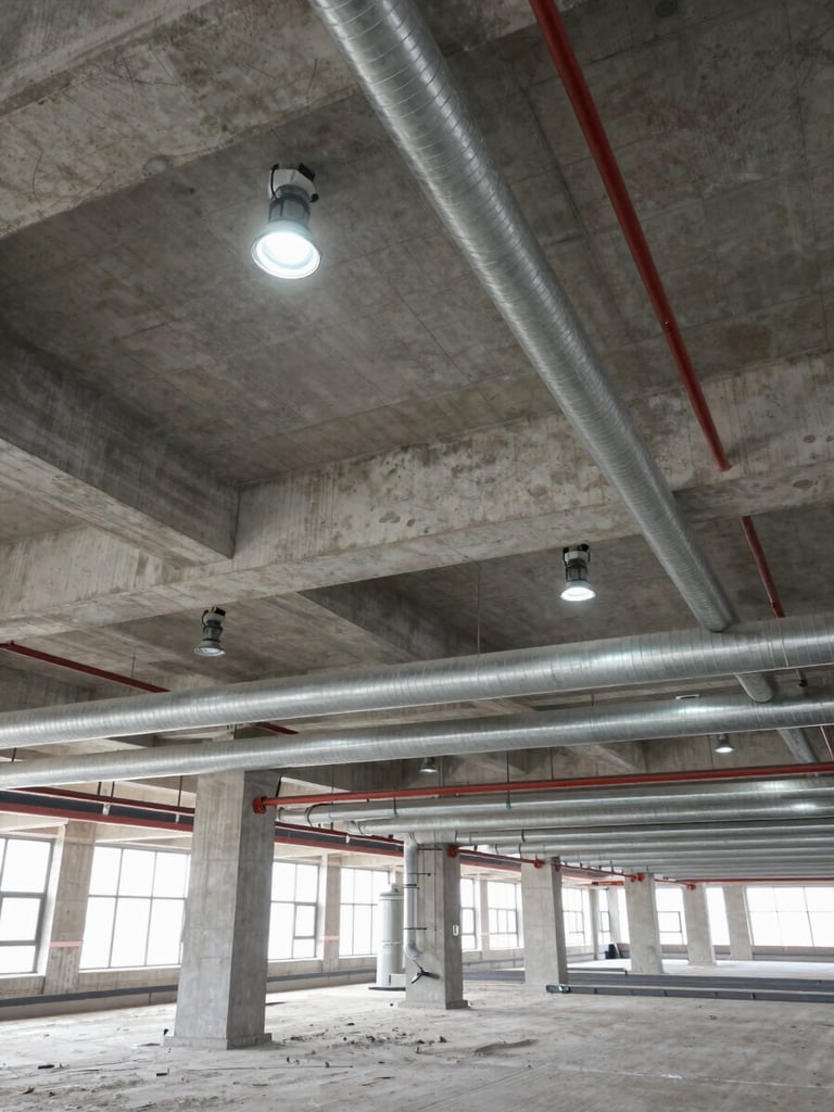 Wide environmental shot inside a commercial building under construction, overhead fire suppression pipework and sprinkler heads routed across concrete soffit, work lights illuminating pipe runs, no people visible