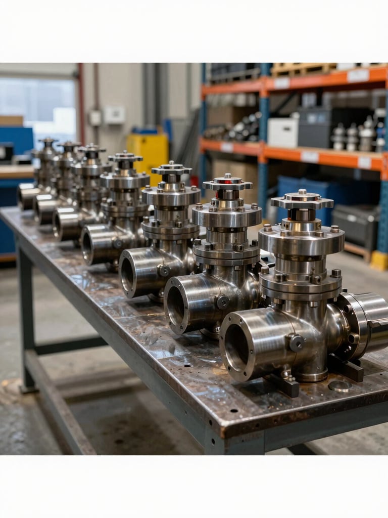 Close-up environmental shot inside a fabrication workshop — steel pipe assemblies and valve clusters arranged on a heavy workbench, arc-weld light catching the metal edges, concrete floor and industrial shelving in background, no people in frame