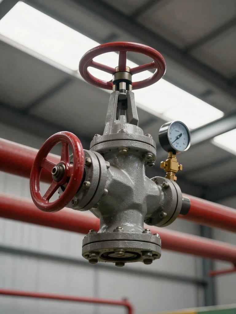 Close-up wide shot of a fire suppression valve assembly mounted on red-painted steel pipe, industrial ceiling visible above, daylight filtering through warehouse skylights, sharp focus on valve handles and pressure gauges