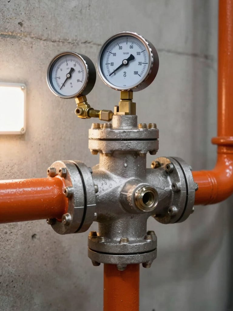Tight close-up of a valve assembly and pressure gauge on a fire suppression riser — cast steel body, threaded fittings, orange-painted pipe section, hard industrial work light from the left, concrete wall background, no people in frame